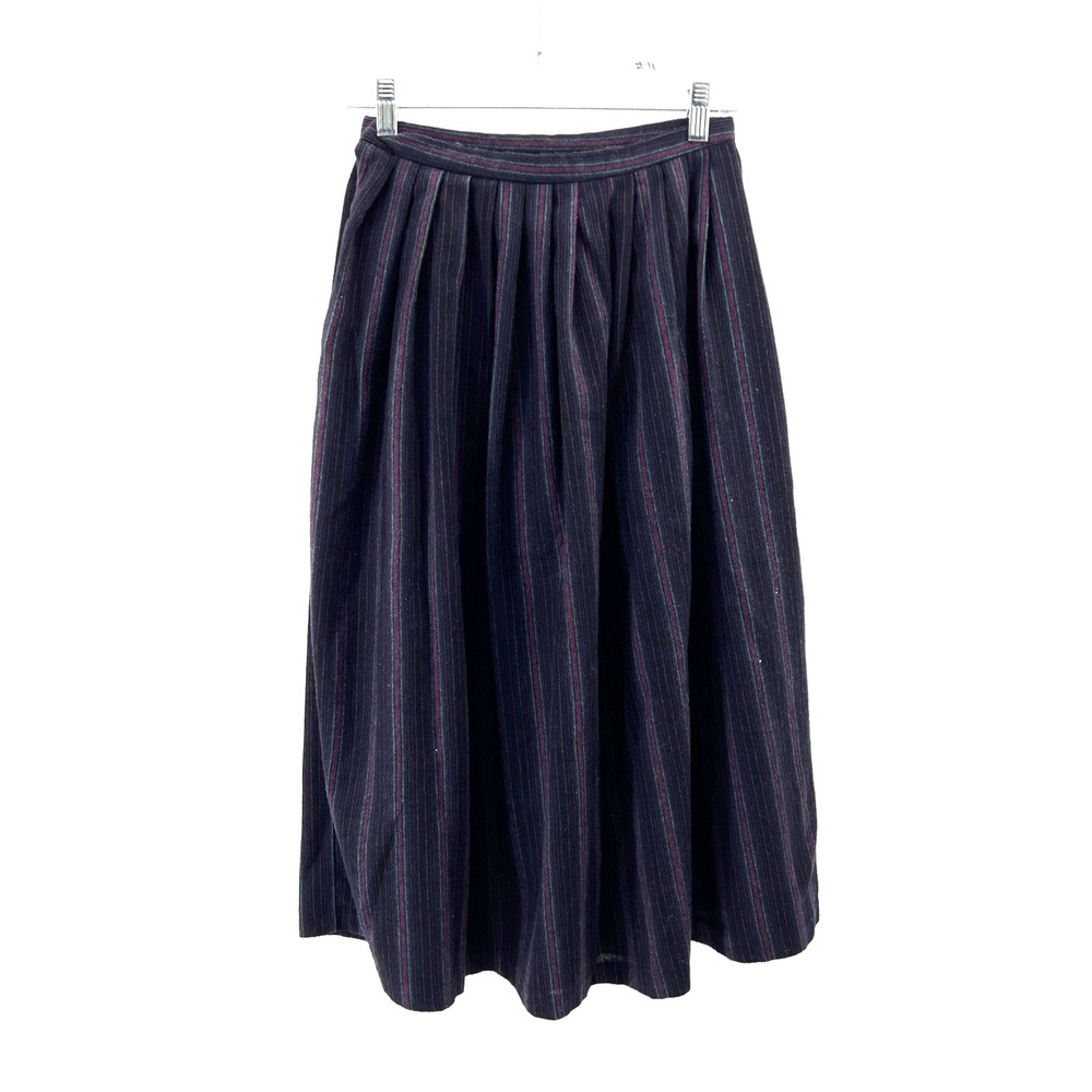 Wool Pleated Skirt Sz 2 Purple Black Stripe Button Side Vintage Machine Wash!